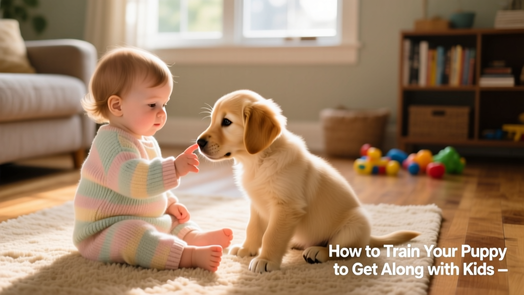 A toddler sitting quietly on the floor while a puppy sniffs their hand gently