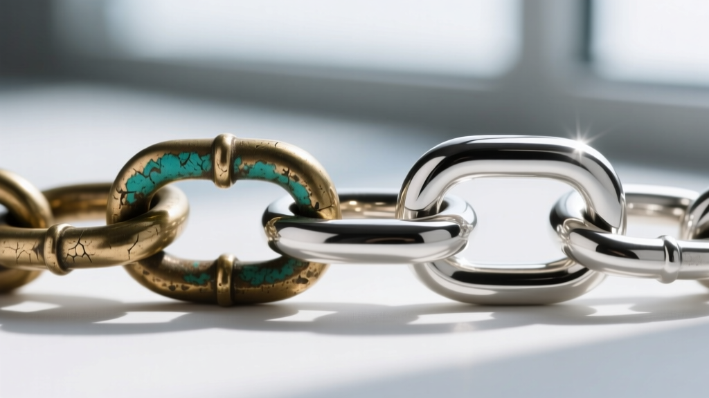 Macro photography comparing a tarnished silver-plated brass chain link next to a polished solid 925 sterling silver link