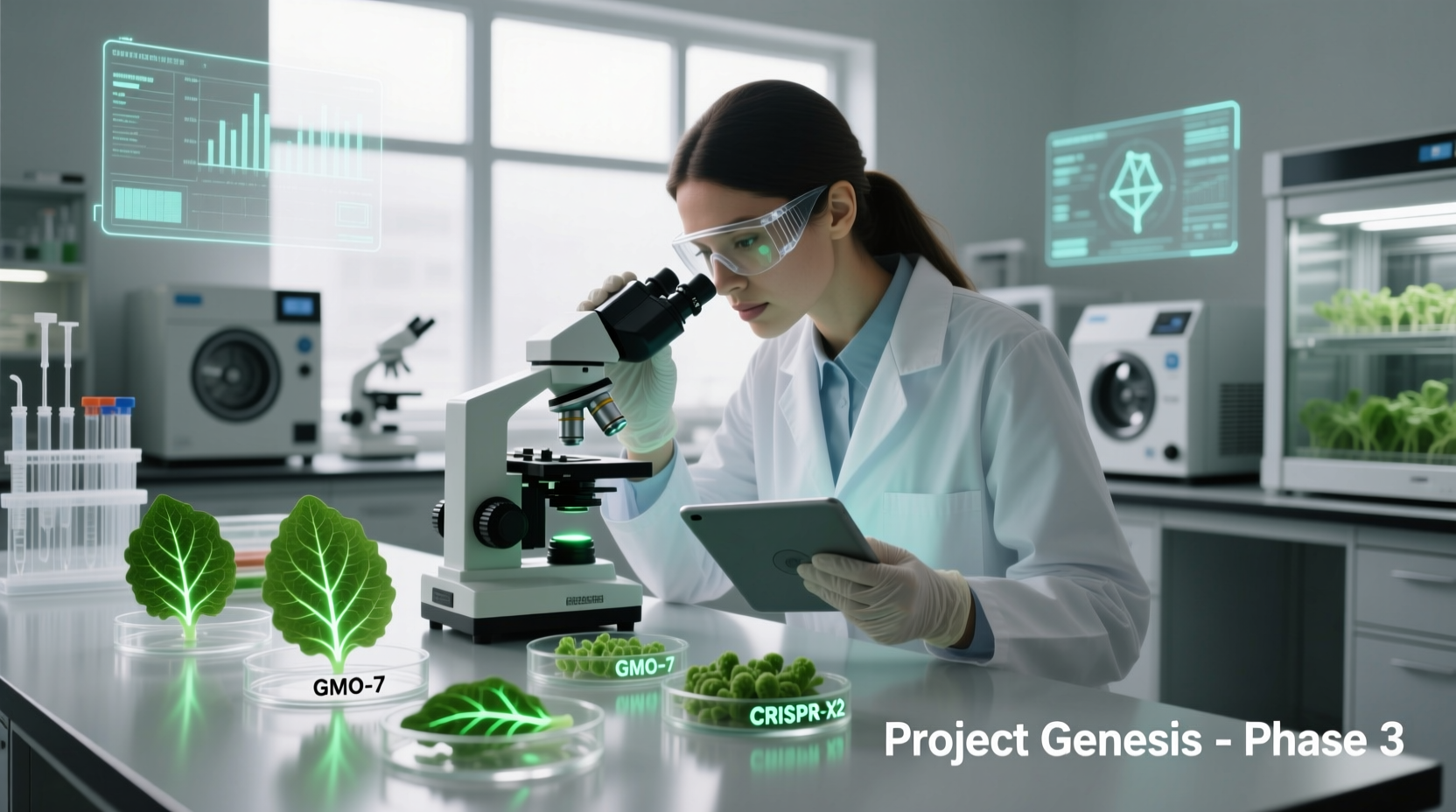 Scientist examining genetically modified crop samples in laboratory