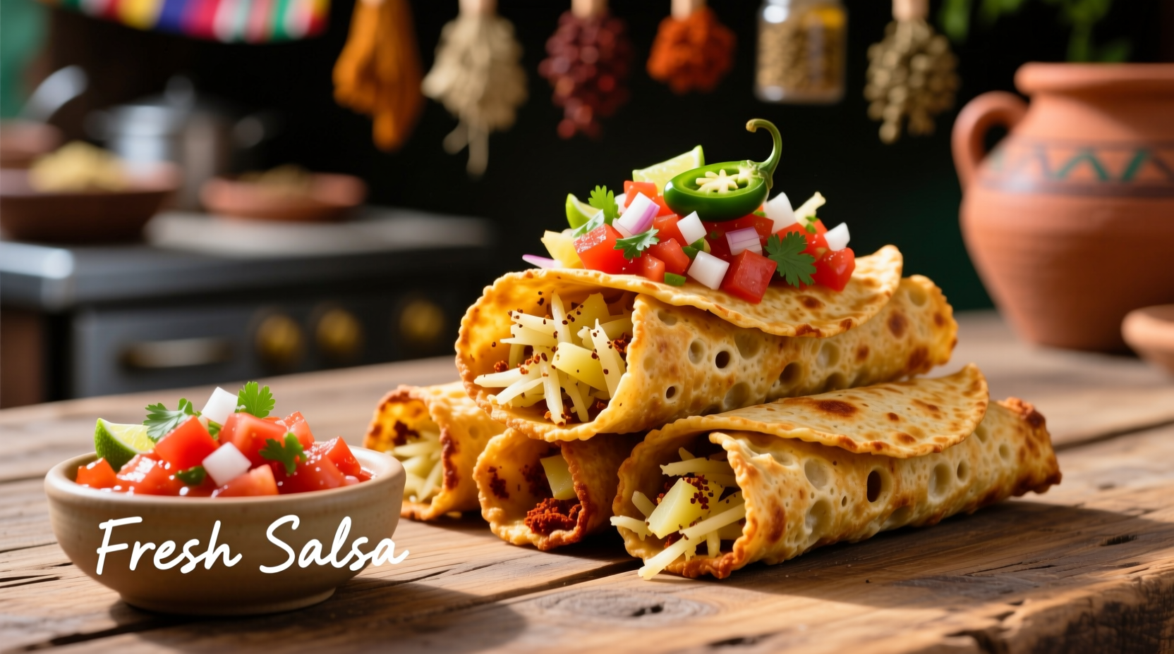 Golden brown potato taquitos with fresh salsa