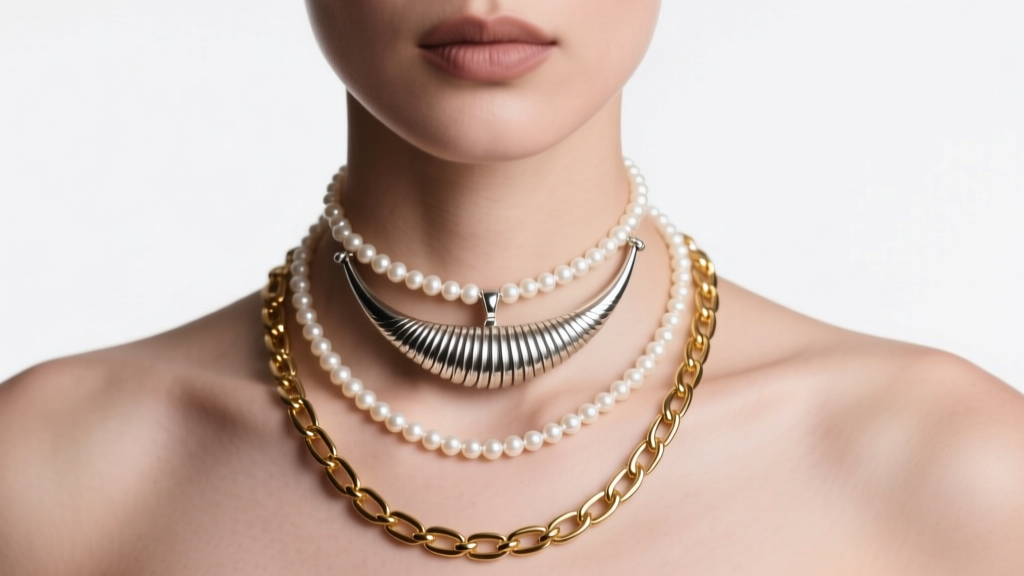 A model wearing a layered necklace stack featuring a 16-inch silver cornicello, an 18-inch pearl choker, and a 20-inch gold chain