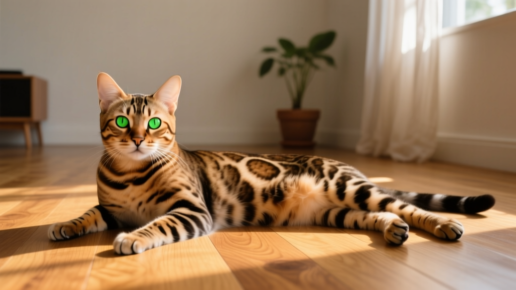 Bengal cat layson wood floor; bright green eyes