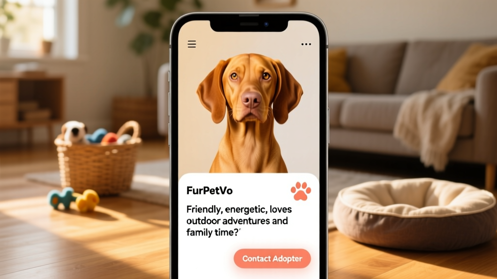 Screenshot-style graphic showing a well-designed FurPetVo profile page for a Vizsla, with photos, bio section, and 'Contact Adopter' button
