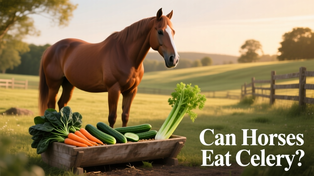 A calm horse standing in a paddock next to a variety of safe, horse-friendly vegetables including carrots, cucumber, and spinach