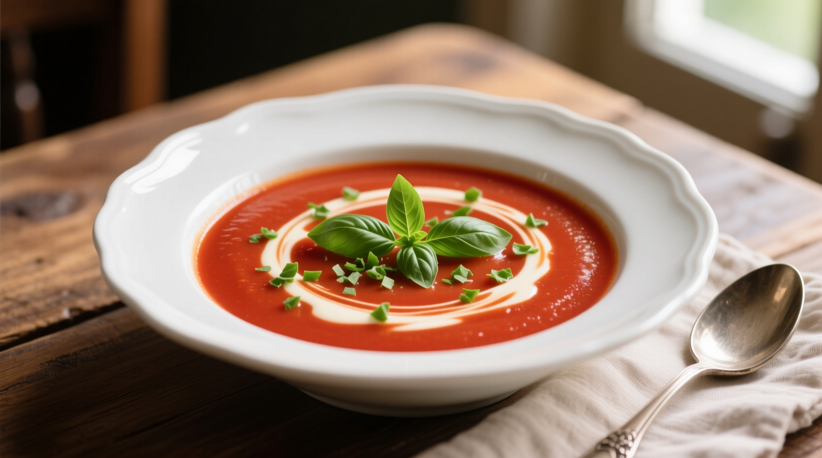 Creamy tomato bisque in white bowl with basil garnish