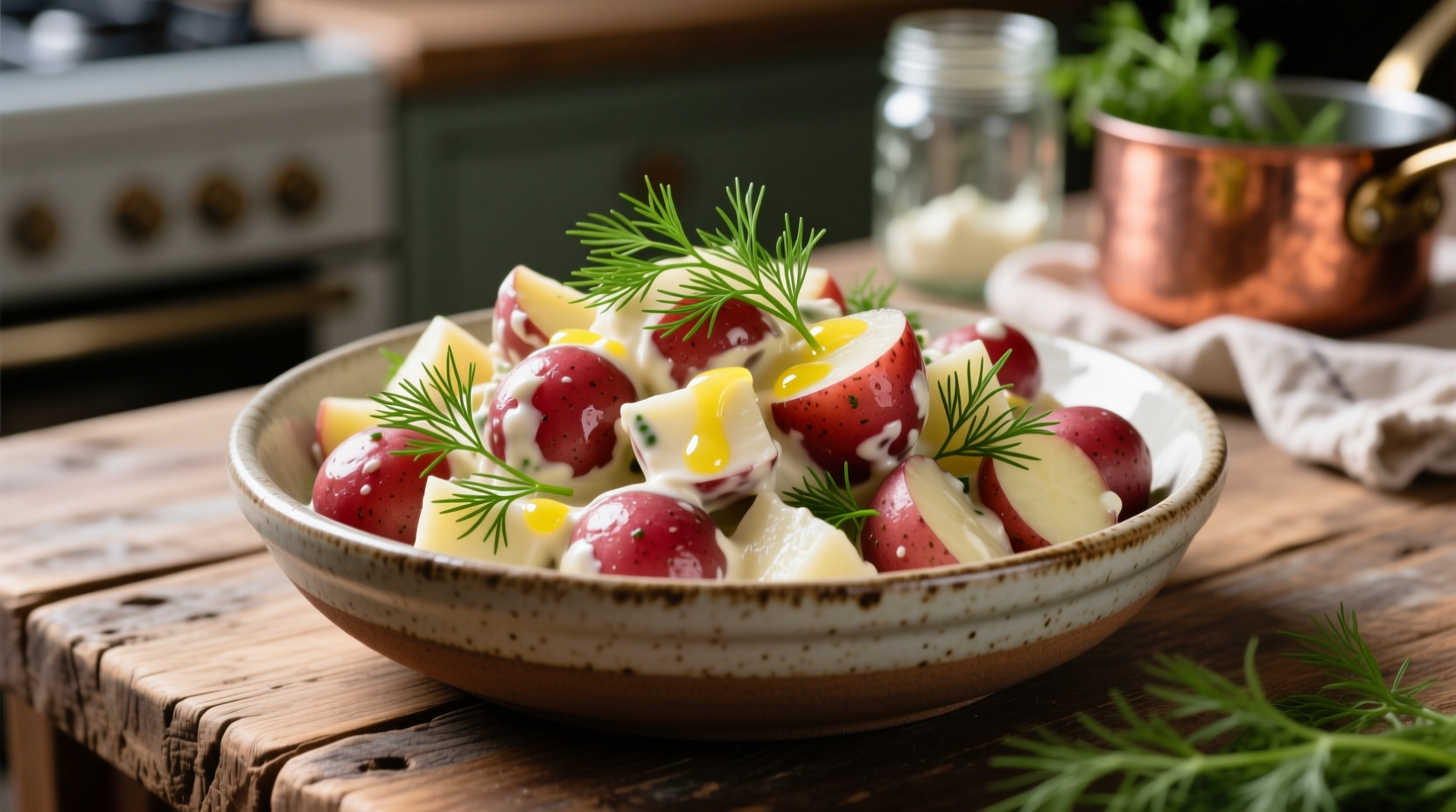 Creamy red potato salad in serving bowl with fresh dill garnish