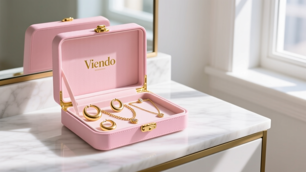 Pink Vlando travel jewelry box open on marble vanity, showing gold hoops and delicate chains under bright natural window light.