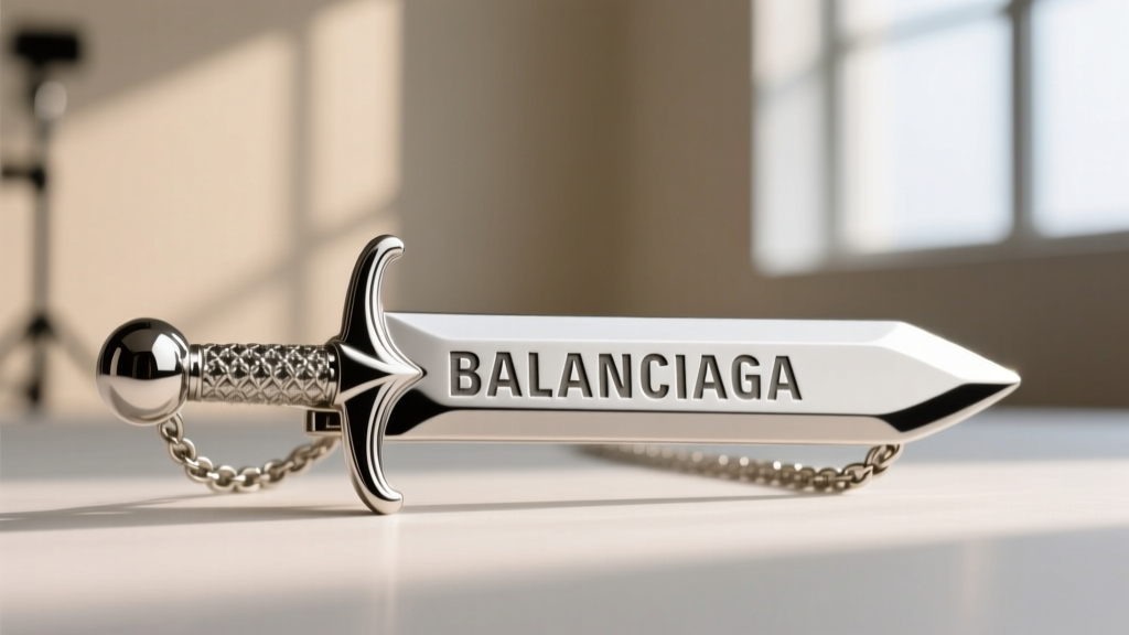 Macro photography of the Balenciaga logo engraved on the flat pommel of a sword necklace clasp, showing crisp font edges