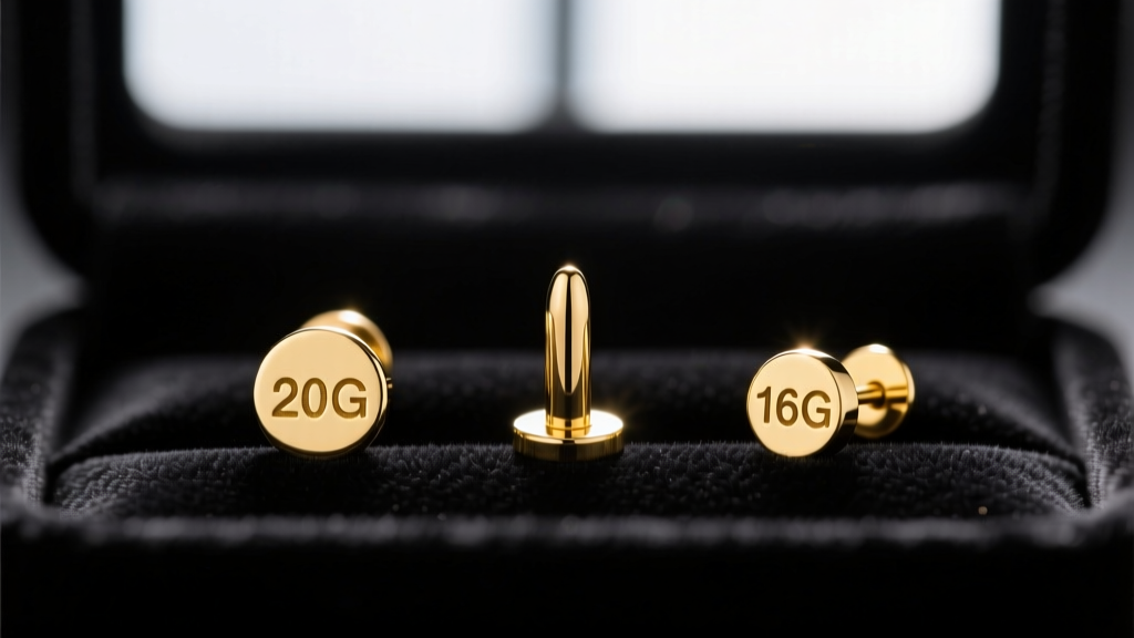 Macro shot of three gold earring posts of varying thicknesses, labeled 20G, 18G, and 16G, on a dark velvet tray