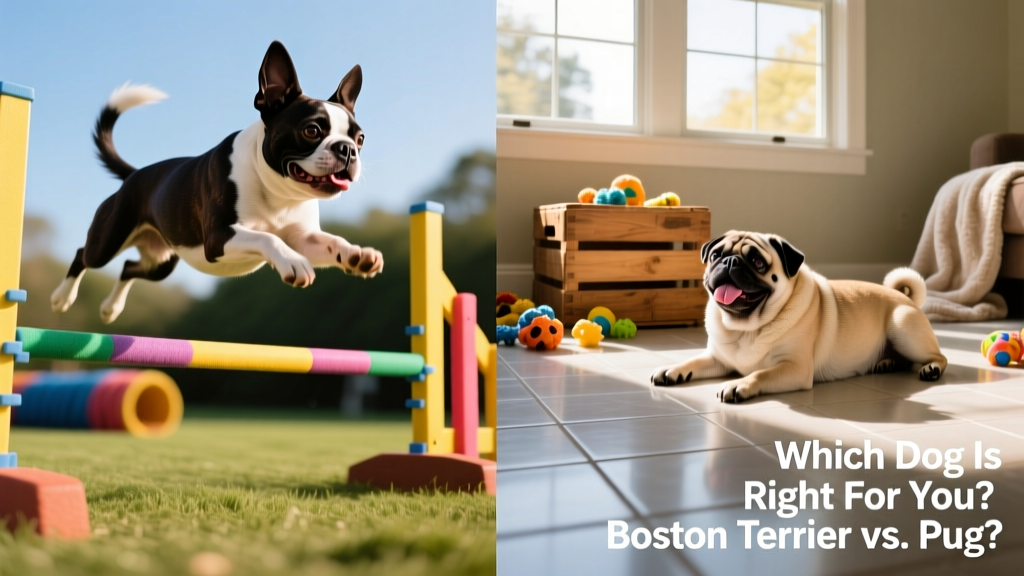 A Boston Terrier mid-jump during an outdoor agility session, and a Pug resting peacefully on a cool tile floor indoors