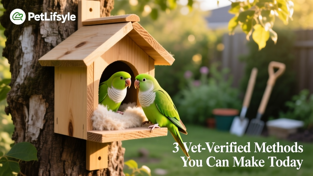 Two parakeets interacting calmly near a mounted wooden nesting box, with soft bedding visible inside the entrance