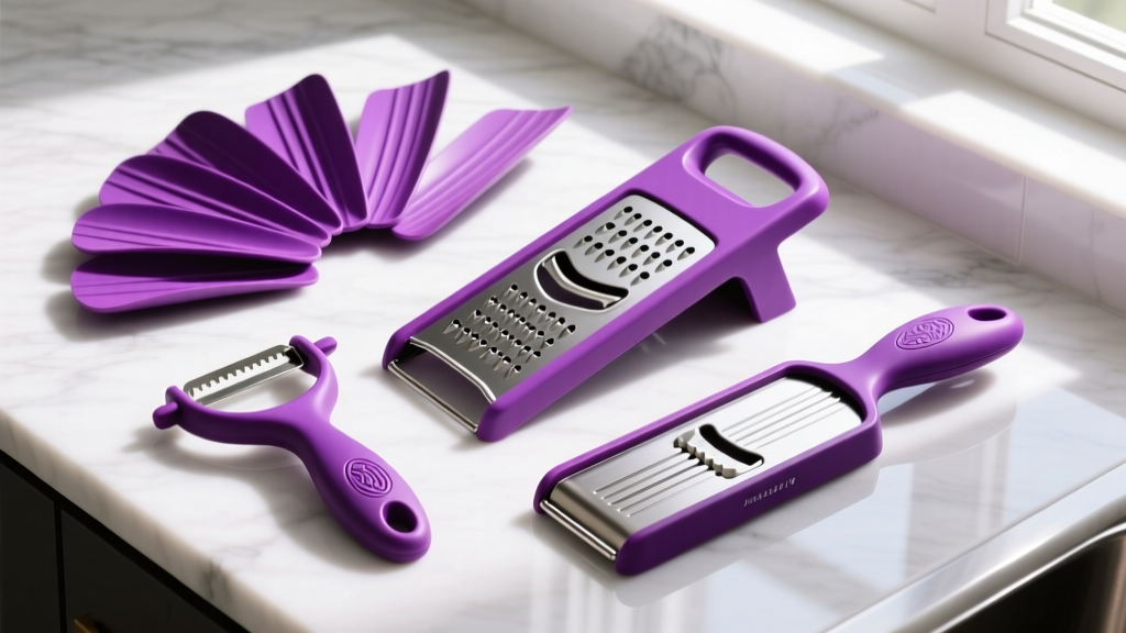 Overhead flat lay of vibrant purple vegetable peelers, graters, and mandoline slicers arranged on a white marble countertop