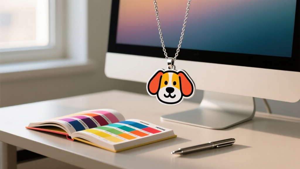 Vector outline of a cartoon dog pendant on a monitor beside an open Pantone swatch book on a minimal desk in soft natural light