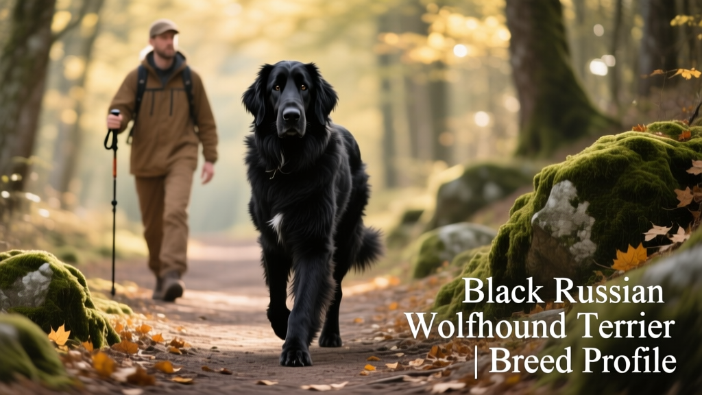 Adult Black Russian Wolfhound Terrier walking confidently on a forest trail with owner