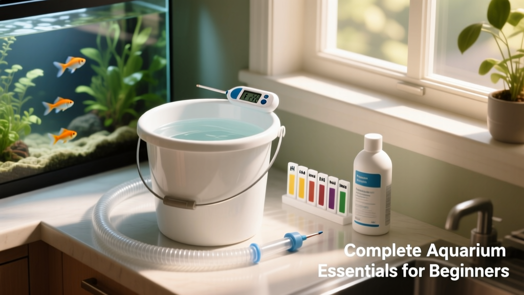Aquarium maintenance station with thermometer, test kits, water conditioner bottle, siphon, and clean bucket ready for weekly water changes