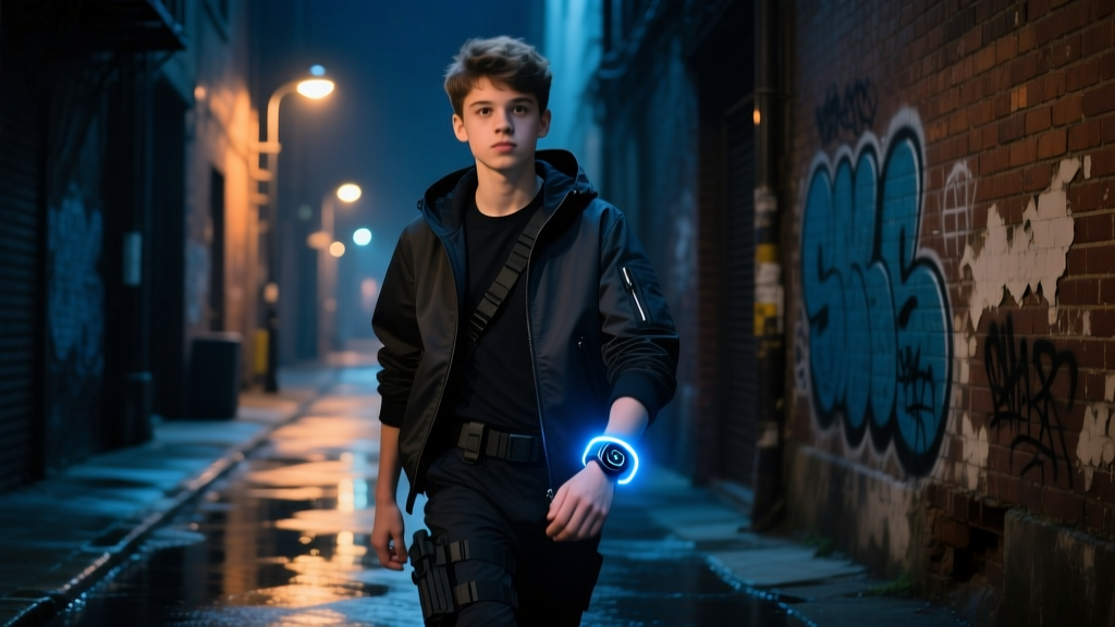 Enthusiast wearing a haptic anklet and dark-mode tactical smartwatch while navigating a dimly lit urban alleyway at night.