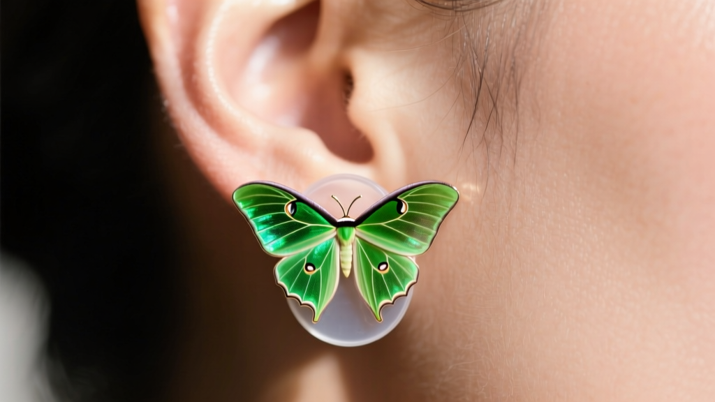 Close-up of an earlobe wearing a heavy green luna moth earring supported by a clear silicone backing patch for lift and comfort