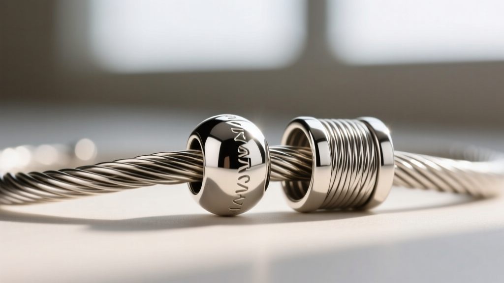 Macro shot of 49-strand stainless steel beading wire threaded through a sterling silver crimp bead and a multi-strand tube clasp.