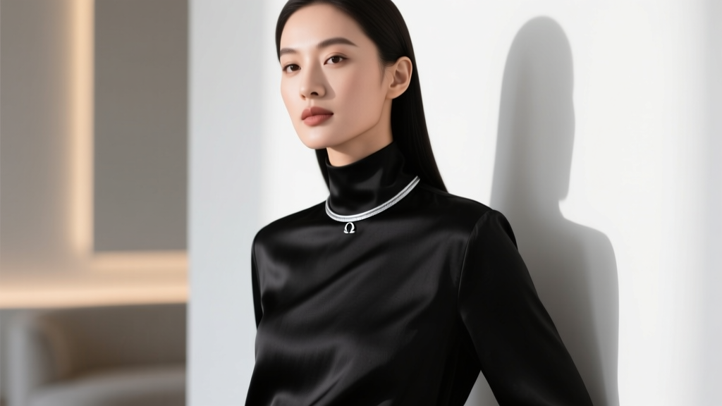 A woman wearing a 4mm sterling silver omega choker with a black silk blouse, showing a sleek neckline for formal evening events.