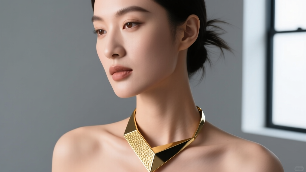 Close-up of a model wearing an 18k gold asymmetrical necklace with a heavy geometric pendant on the left, soft studio lighting.