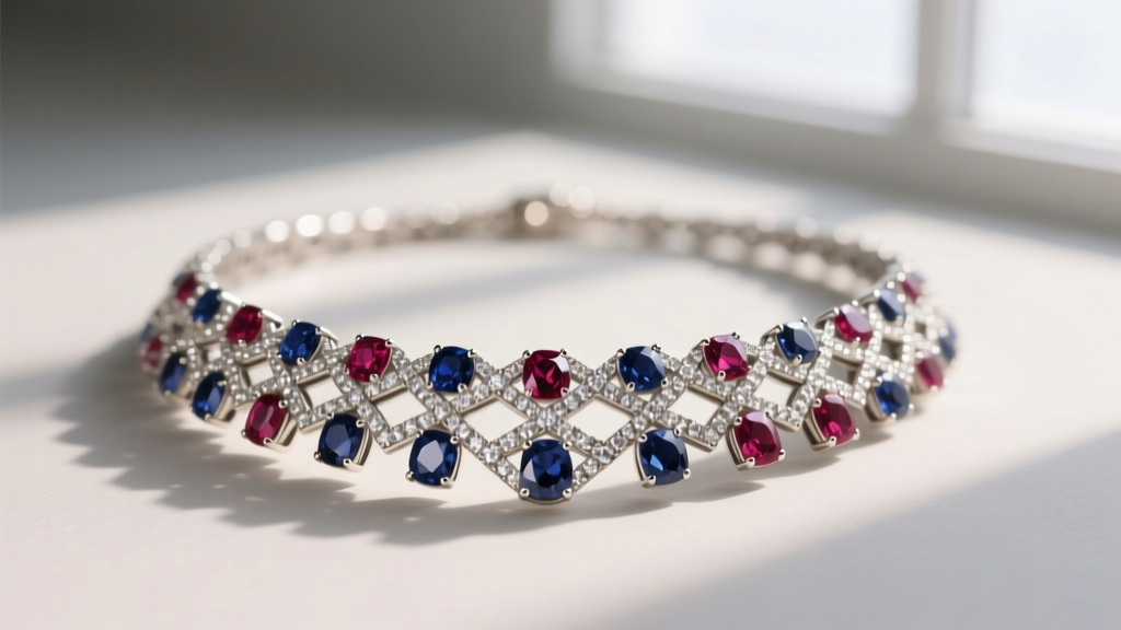 Macro photography of an Effy multi-gemstone necklace featuring rubies and sapphires, highlighting intricate pave diamond settings