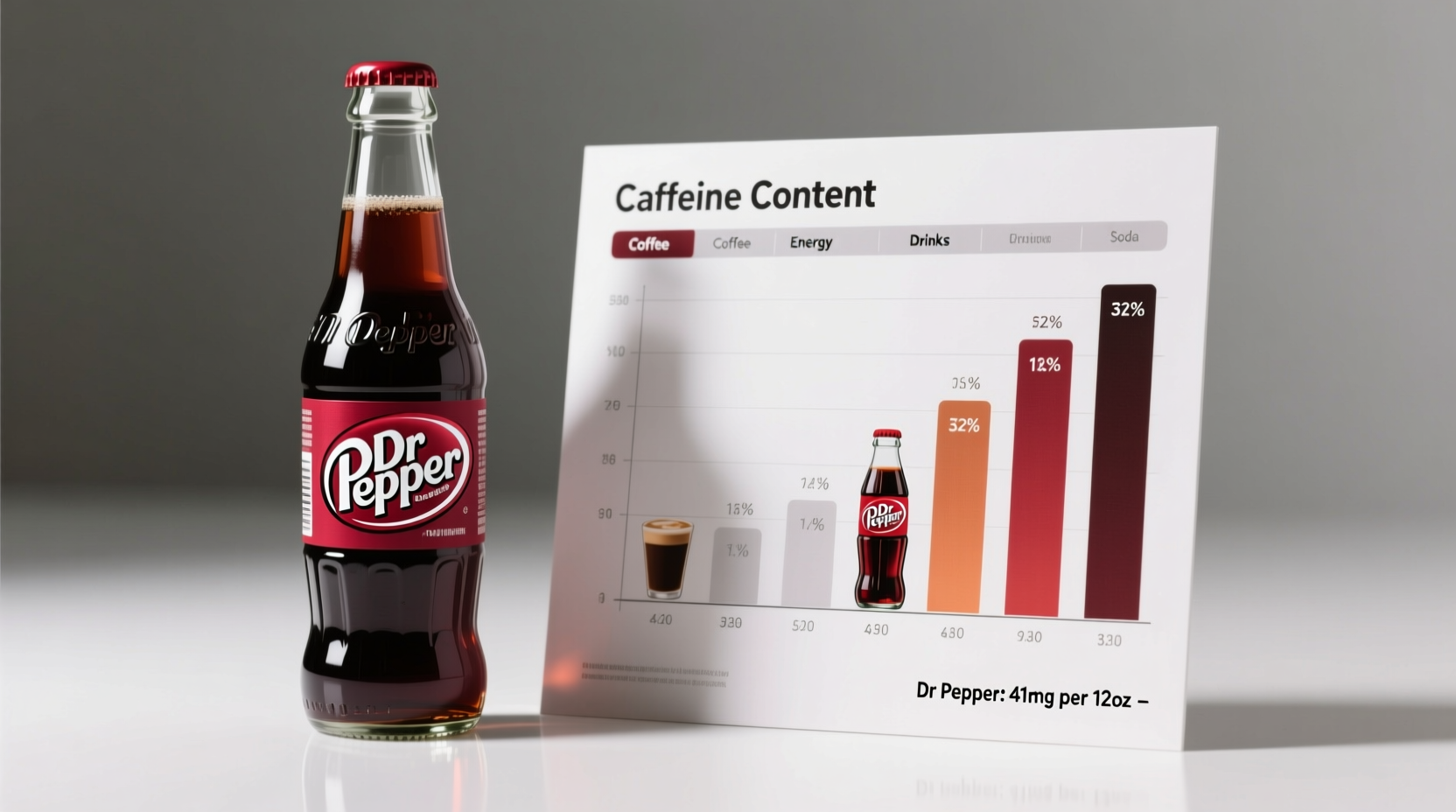 Dr Pepper bottle next to caffeine content chart