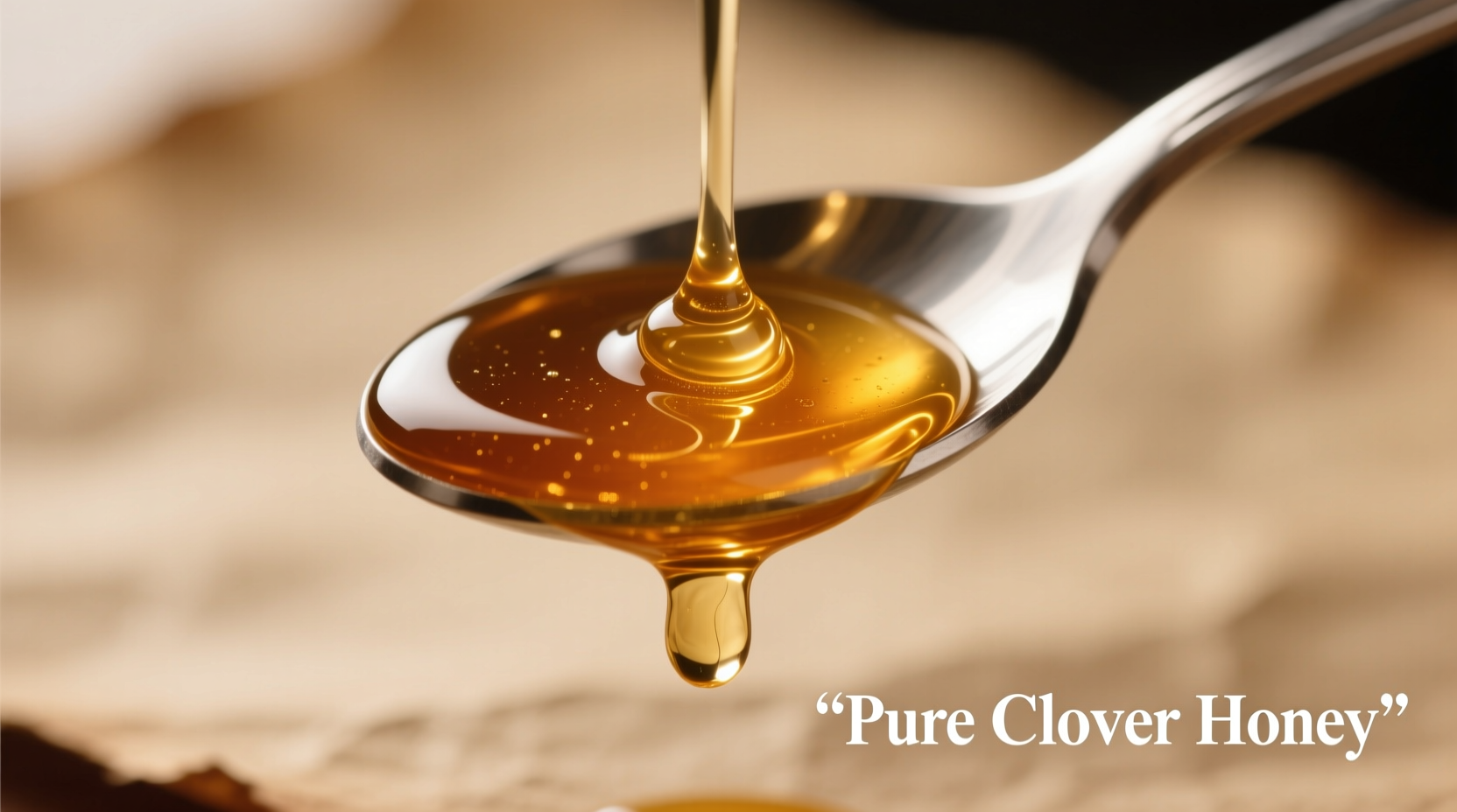 Close-up of golden clover honey dripping from spoon