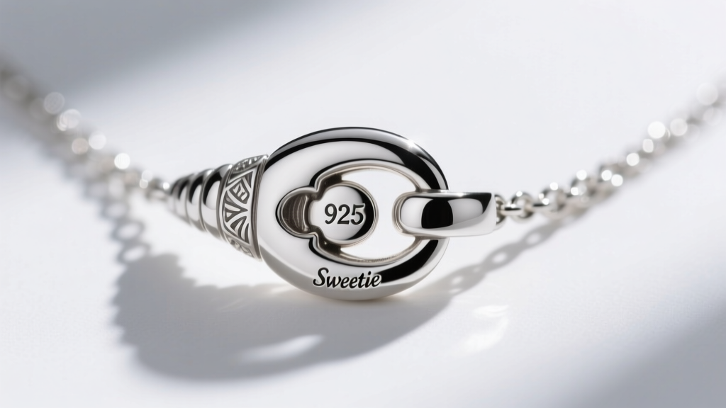 Macro shot of a sterling silver Sweetie necklace lobster clasp, showing the 925 hallmark and maker