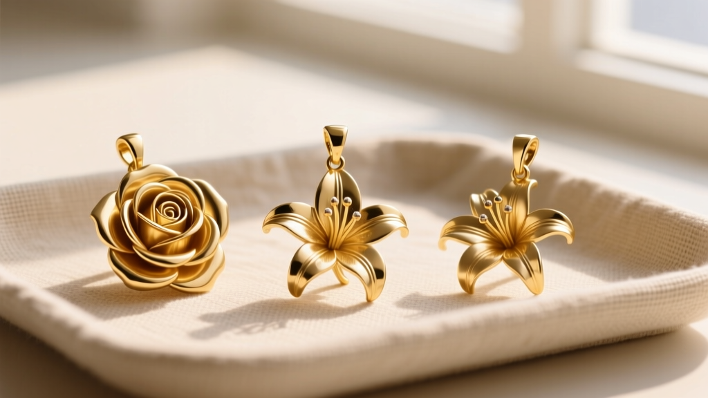 Three delicate solid gold flower pendants, including a detailed rose and lily, arranged neatly on a textured beige linen tray.