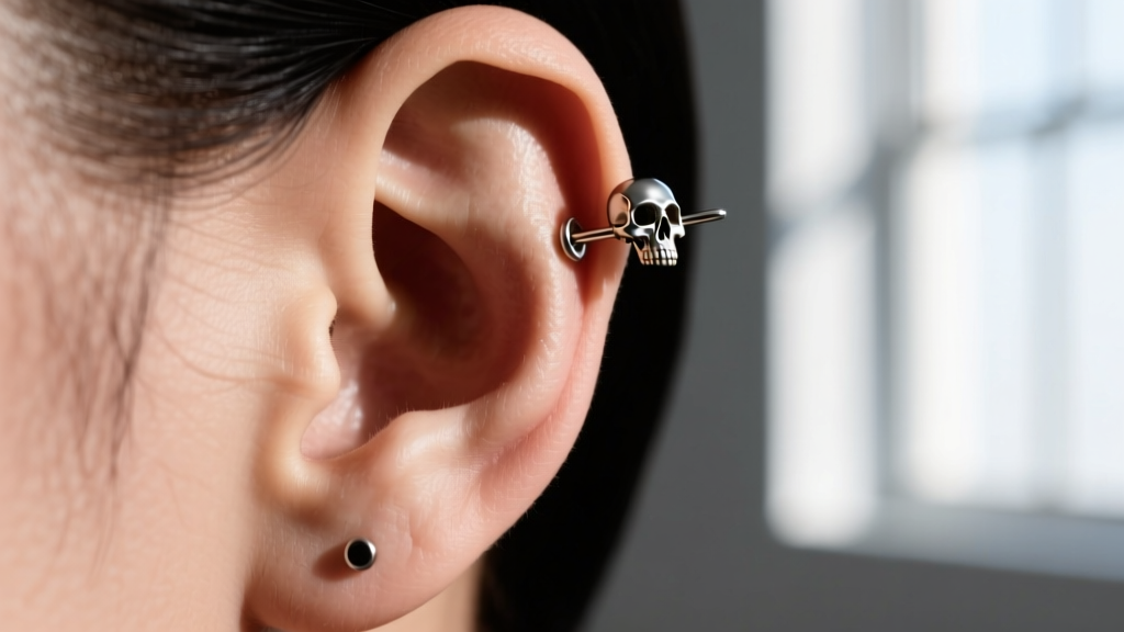 Profile of an earlobe wearing a 16-gauge titanium skull earring hook showing proper weight distribution and zero piercing stretch