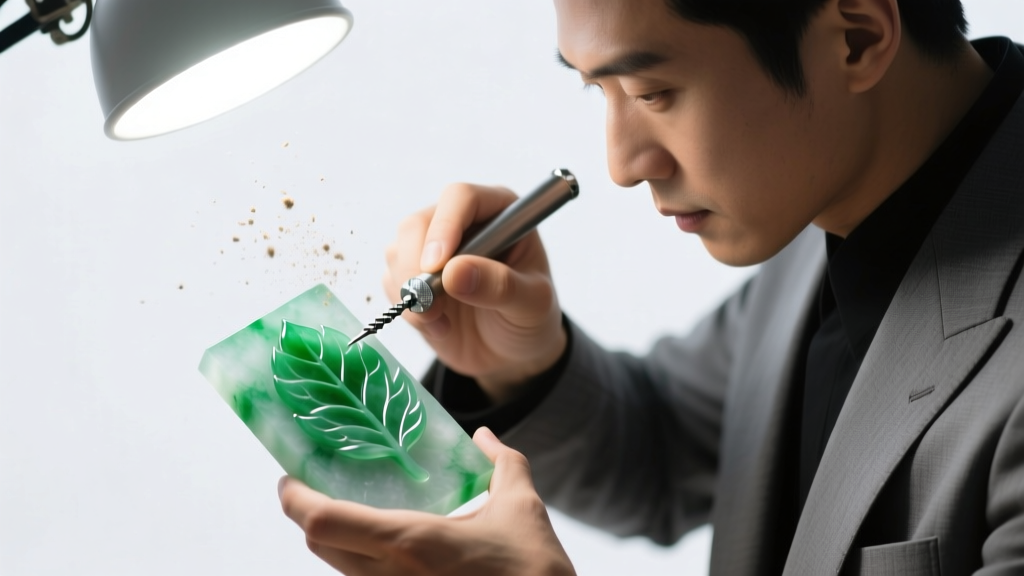 Jeweler using a diamond burr to carve a Crassula ovata leaf motif into translucent imperial jadeite under a bright studio lamp.