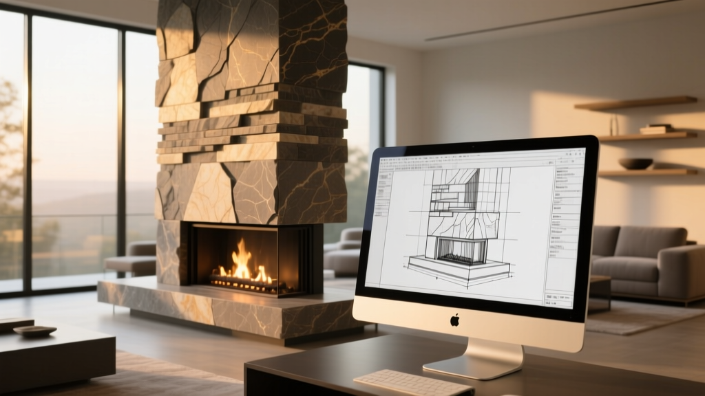 Computer monitor displaying AutoCAD elevation with detailed stone veneer hatch patterns applied to a modern fireplace.