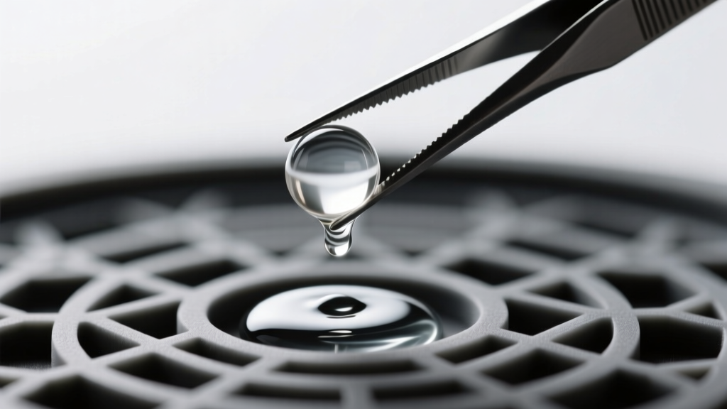 Tweezers holding a glossy paper bead dipped in clear polyurethane resin, dripping slightly over a textured silicone drying mat.