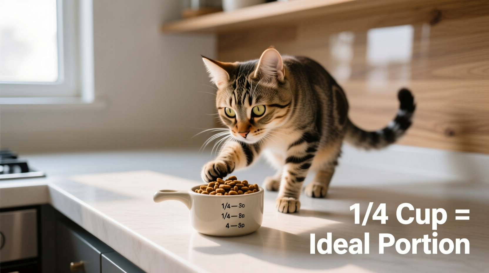 Cat eating from measuring cup showing proper portion size