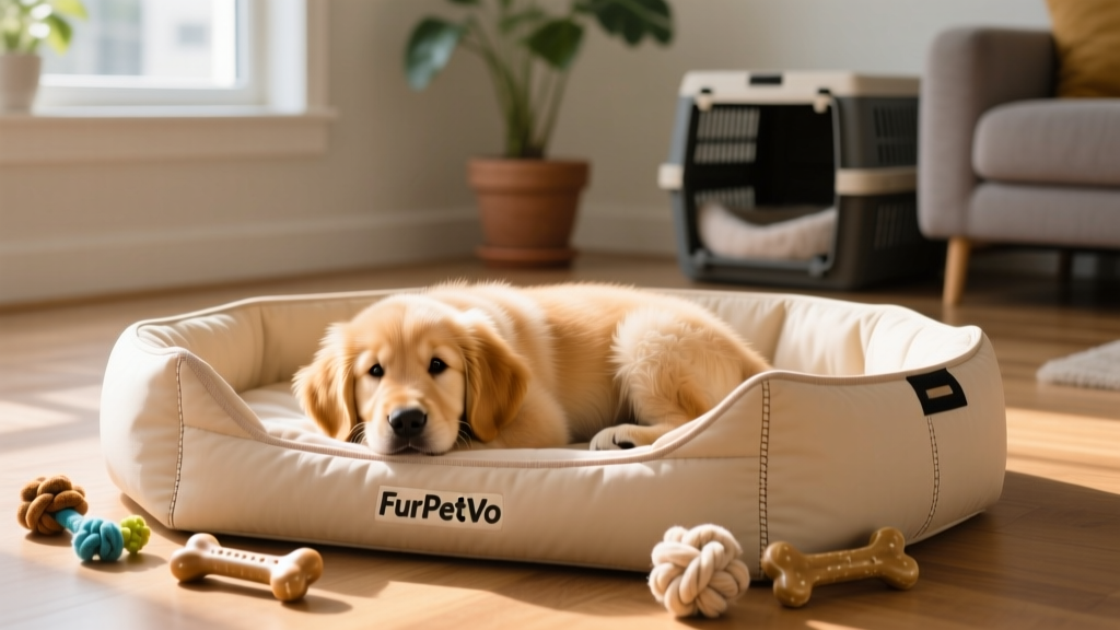 Puppy resting peacefully in a FurPetVo soft-sided playpen with chew toys nearby