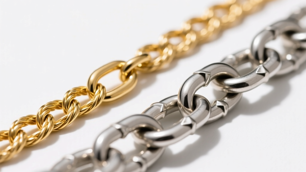 Close-up of a 4mm gold rope chain next to a 5mm silver Cuban link chain, highlighting structural differences in link soldering.