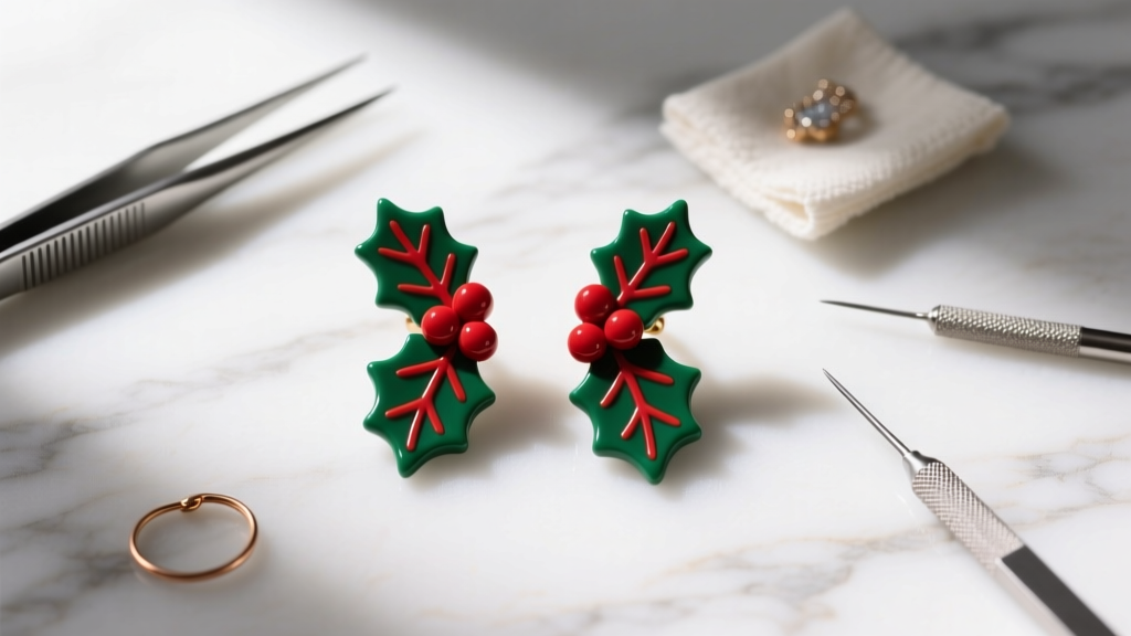 Flat lay of red and green polymer clay stud earrings shaped like holly leaves on white marble with jewelry making tools.