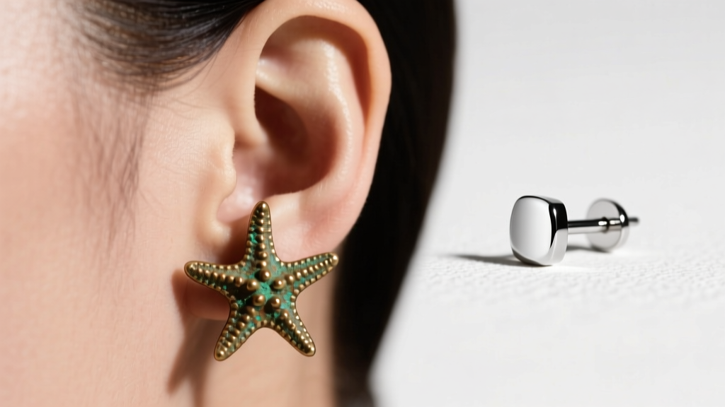 Side view of an ear showing a tarnished brass starfish earring leaving a green mark, beside a bright titanium stud alternative