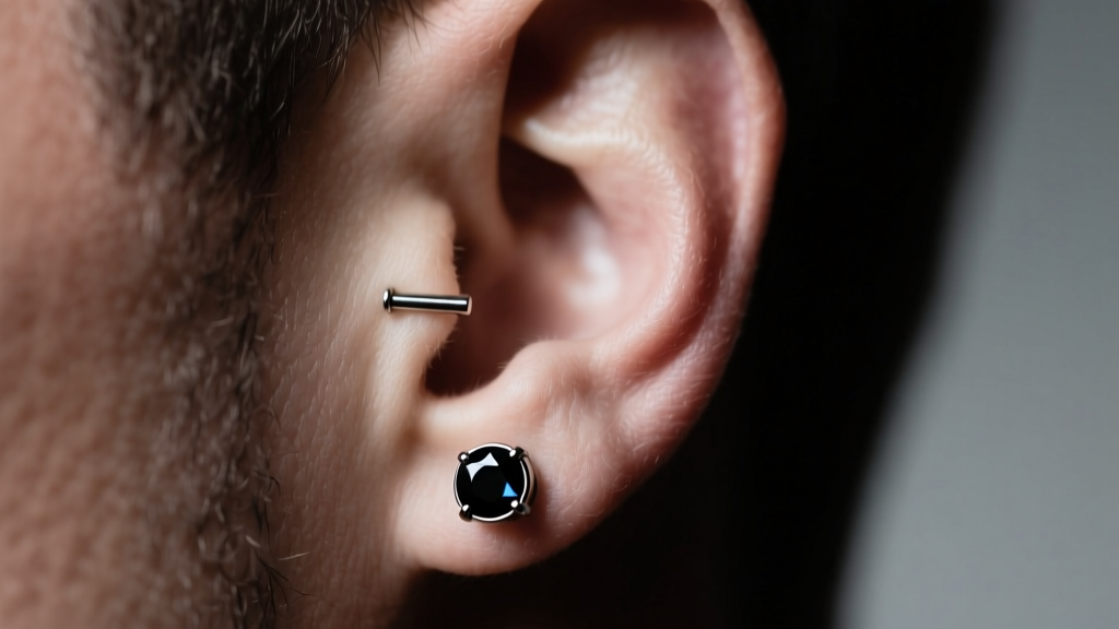 Close-up of a man earlobe featuring a minimalist 16-gauge ASTM F136 titanium bezel-set black onyx stud, shot in moody studio lighting
