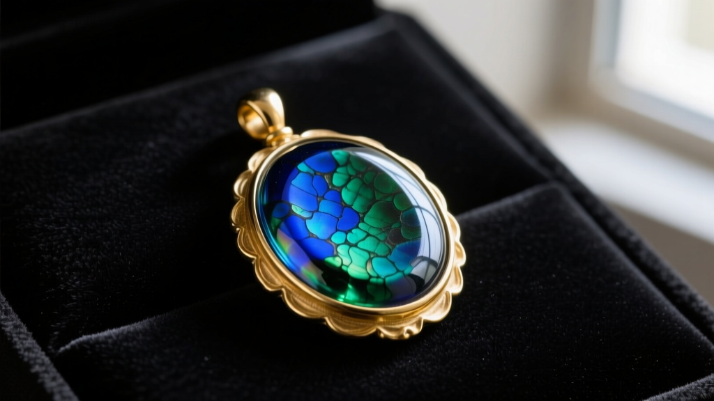 Close-up of an ancient Roman glass pendant in a gold bezel, showing vivid blue and green iridescent patina against dark velvet