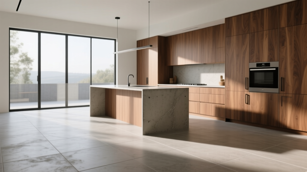 Large format porcelain tile flooring in a matte concrete finish installed in a modern open-concept kitchen with warm wood cabinetry