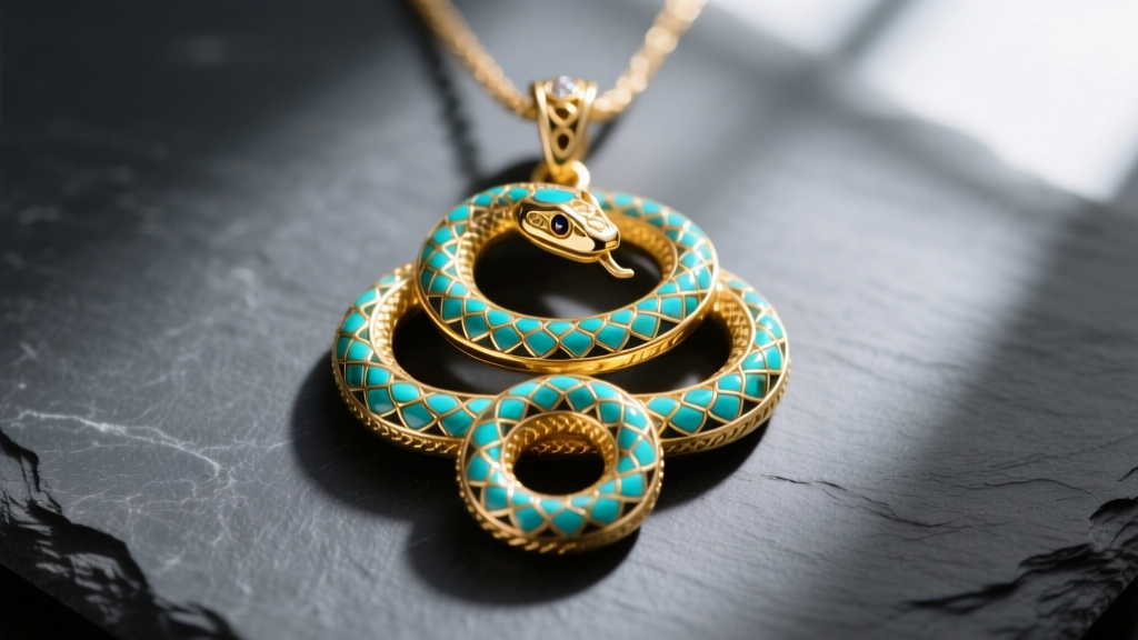 Antique Ouroboros pendant in 22k gold with turquoise scales, shot from above against a matte charcoal slate background.