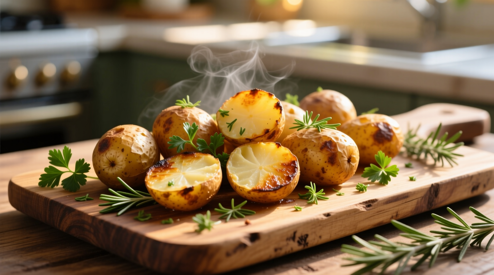 Golden roasted potatoes with fresh herbs on wooden board
