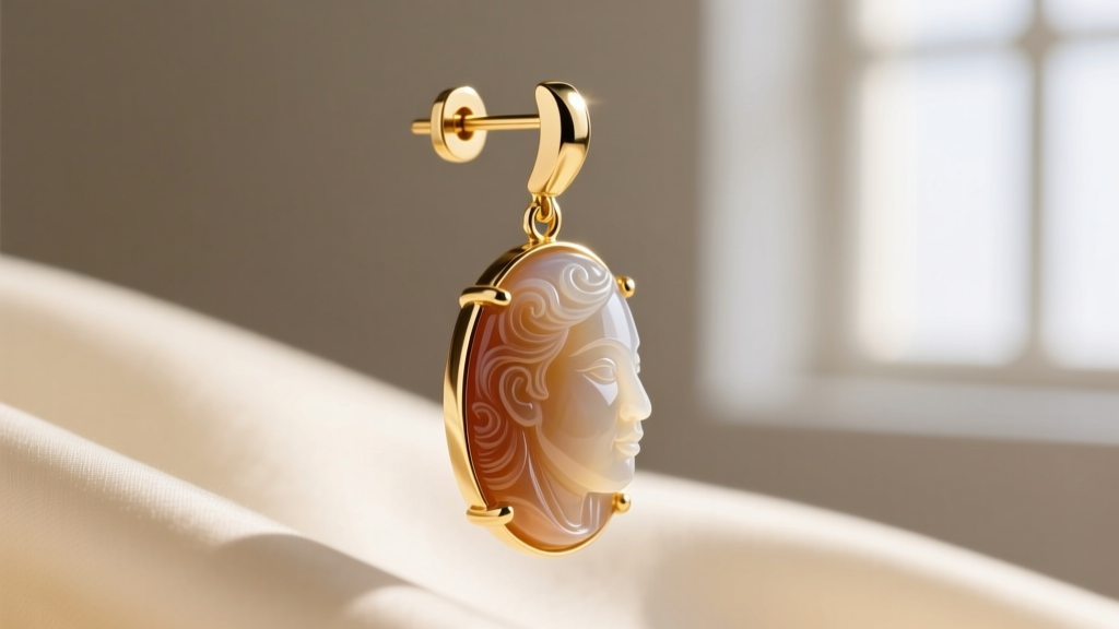 Side view of a heavy cameo drop earring with a 16-gauge gold post and a secure leverback clasp for ideal weight distribution.
