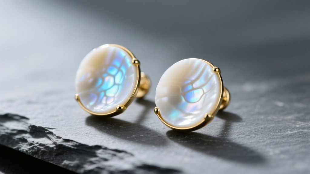 Close-up of white abalone shell stud earrings in gold bezels on slate, showing pearlescent ivory and subtle blue iridescence.