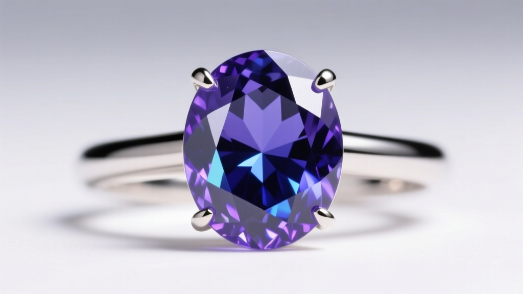 Close-up of faceted oval tanzanite in a platinum bezel ring, showing deep violet-blue pleochroism under soft directional lighting