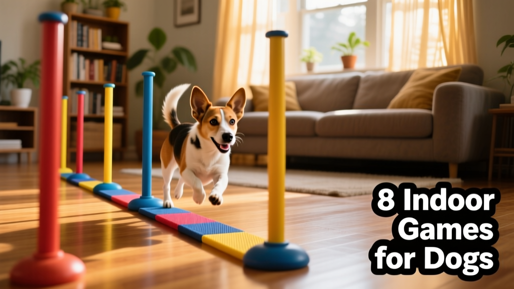 A small mixed-breed dog weaving between poles in a living room agility setup