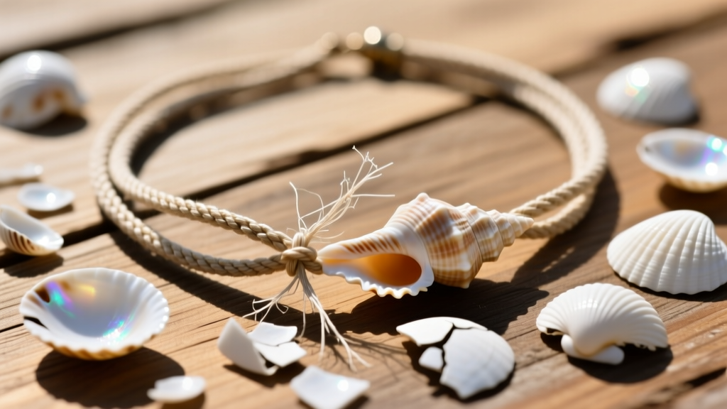 Tangled long seashell necklace on wood, highlighting a snapped nylon cord and cracked white puka shells in bright natural light.