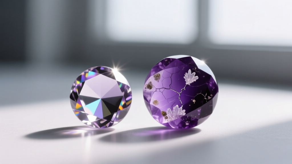 Macro shot of a 15mm faceted glass bead next to an amethyst bead, highlighting internal inclusions and bright light refraction.
