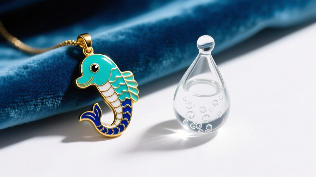 Vintage 1960s enameled sea monkey character pendant on faded blue velvet beside a modern clear resin teardrop vial pendant.